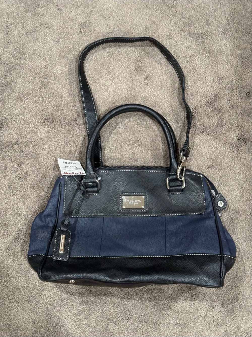 NWT Tignanello Purse Genuine Leather Satchel Shoulder Bag - Navy Blue & Black